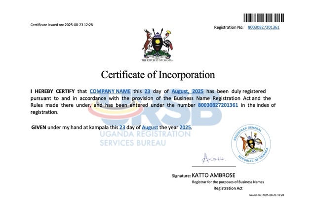 Uganda company incorporation certificate Word and PDF template